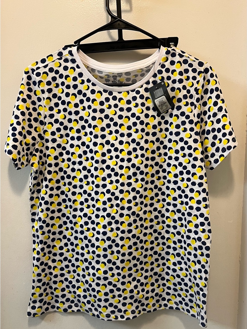 Primark White Short Sleeve Tee with Navy and Yellow Polka Dots